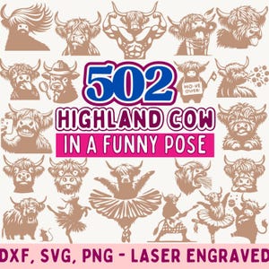 Funny Highland Cow SVG Bundle: Laser Engraved Vector Graphics, Commercial Use | Cutting Machine Files