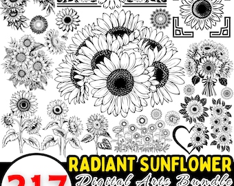 Pode incluir: Um pacote de arte digital de 217 ilustrações de girassóis em preto e branco. O pacote inclui uma variedade de designs de girassóis, incluindo girassóis individuais, buquês e bordas de girassóis. O texto "RADIANT SUNFLOWER Digital Arts Bundle LASER CUT FILES - DXF, SVG, PNG" está incluído na imagem.