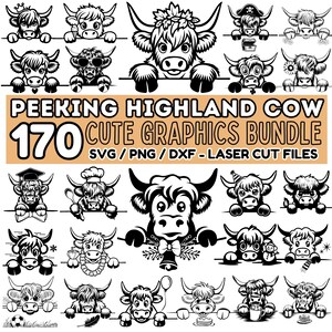 Peeking Highland Cow Graphics Bundle: Laser Cutting Machine Files, SVG PNG DXF