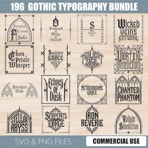 196 Gothic Typography SVG Bundle, Gothic Font Style PNG, Blackletter Quotes, Medieval Gothic Clipart, Dark Academia SVG, Commercial Use