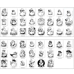 May include: A collection of 46 black and white duck illustrations, each with a unique design. Ducks are depicted wearing hats, sunglasses, and other accessories. Each duck is labeled with the word "DUCK" and a number.