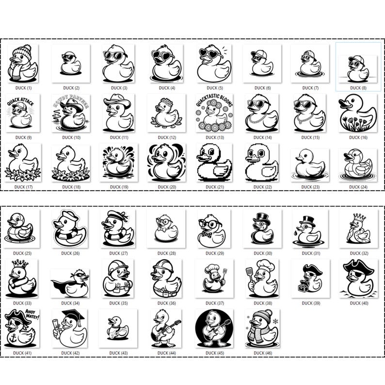 May include: A collection of 46 black and white duck illustrations, each with a unique design. Ducks are depicted wearing hats, sunglasses, and other accessories. Each duck is labeled with the word "DUCK" and a number.