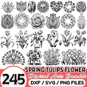 Spring Tulips Cutting Files Bundle: SVG, PNG, DXF - Cricut Ready (Commercial Use)