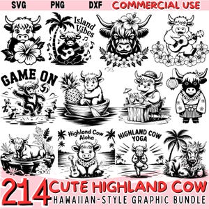 214 Cute Highland Cow Hawaiian Style Graphics Cricut Bundle, vector graphics silhouette, Highland Cow PNG, Cute Cow SVG DXF Commercial Use