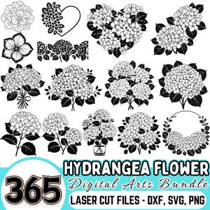 Hydrangea Flower Laser Cut Files Bundle: Vector Graphics SVG PNG DXF | Cutting Machine Files