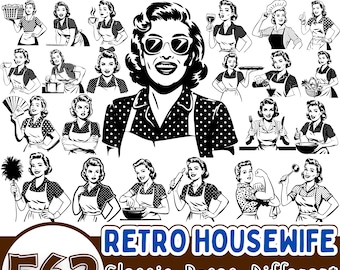 Retro huisvrouw SVG-bundel | Vintage huisvrouw-clipart | Keukenontwerpen uit het midden van de eeuw voor Cricut & Silhouette