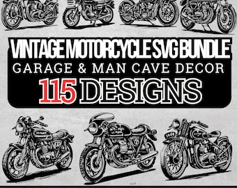 Vintage Motorcycle SVG Bundle 115 Designs – Biker Shirt SVG, Retro Bike Clipart, Garage Sign & Man Cave Decor Cut Files Png Dxf