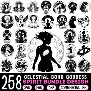 Pode incluir: Um conjunto de 258 arquivos de design de pacote de espírito de deusa boho celestial SVG, PNG e DXF para uso comercial. Os designs apresentam uma variedade de imagens celestiais e espirituais, incluindo luas, estrelas, galáxias e deusas. Os designs são perfeitos para criar camisetas, canecas, bolsas de mão e outras manualidades.