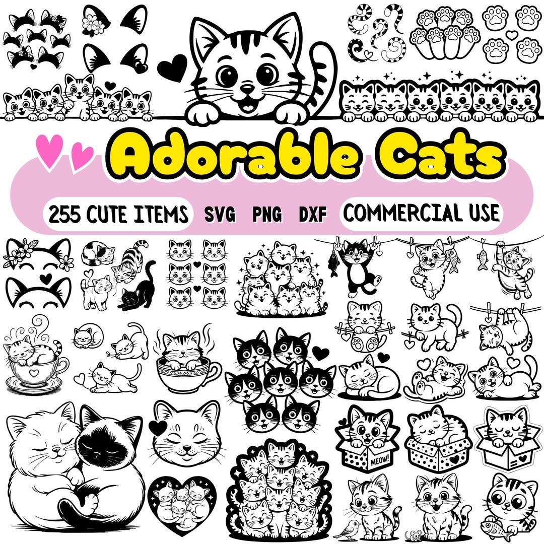 Cute Cat SVG Bundle 255 Designs – Kawaii Kitten SVG, Cat Lover Clipart ...