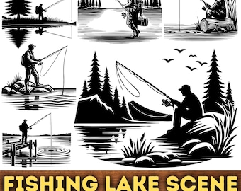 Fishing Lake Scene SVG for Laser Cut Wood Signs | Fisherman Cabin Decor CNC & Glowforge Files | Lake House Wall Art Engraving Bundle
