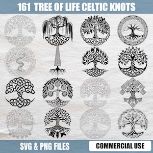 Pacote com 161 arquivos SVG da Árvore da Vida, incluindo desenhos de nós celtas, clipart da Yggdrasil em PNG e arquivos para corte a laser para uso comercial.