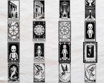 Puede incluir: Una colección de 232 diseños de cartas de tarot en blanco y negro con ilustraciones de templos, ruedas, niños huecos, doncellas ahogadas y mensajeros. Cada carta incluye un título en la parte inferior, en formatos de archivo SVG y PNG.
