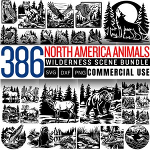 Peut inclure: Un ensemble de 386 illustrations d'animaux d'Amérique du Nord, mettant en scène une variété d'animaux sauvages, dont un loup, un ours, un cerf, un élan et une variété d'oiseaux. Les illustrations sont en noir et blanc et sont parfaites pour une utilisation dans des projets d'artisanat, du scrapbooking ou de la conception numérique.