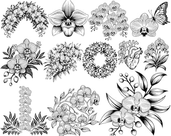 Orchidée SVG pour gravure laser | Fichiers floraux découpés au laser | Pack LightBurn DXF Glowforge | Art vectoriel de gravure