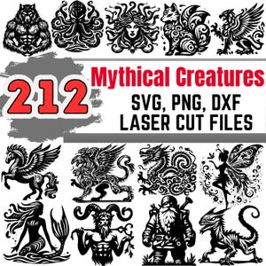 May include: A collection of 212 black and white SVG, PNG, and DXF laser cut files featuring mythical creatures. The files are perfect for crafting projects, home decor, and more.