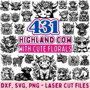 Highland Cow Floral Laser Cut Files Bundle: SVG DXF PNG | Cutting Machine Files