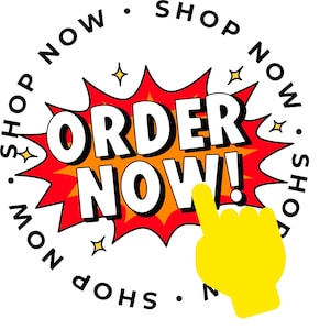 May include: A white background with a red and orange burst design that says "ORDER NOW!" in white text. The words "SHOP NOW" are in a circle around the burst. A yellow hand points to the words.