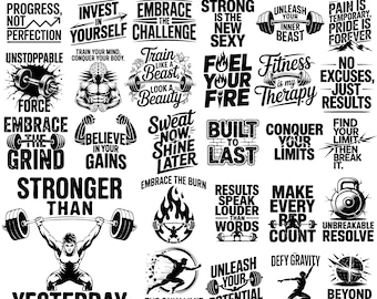 May include: A collection of 221 black and white gym motivational designs featuring typography and illustrations of barbells, kettlebells, and athletes. Text includes phrases like Progress Not Perfection, Invest In Yourself, and Stronger Than Yesterday.