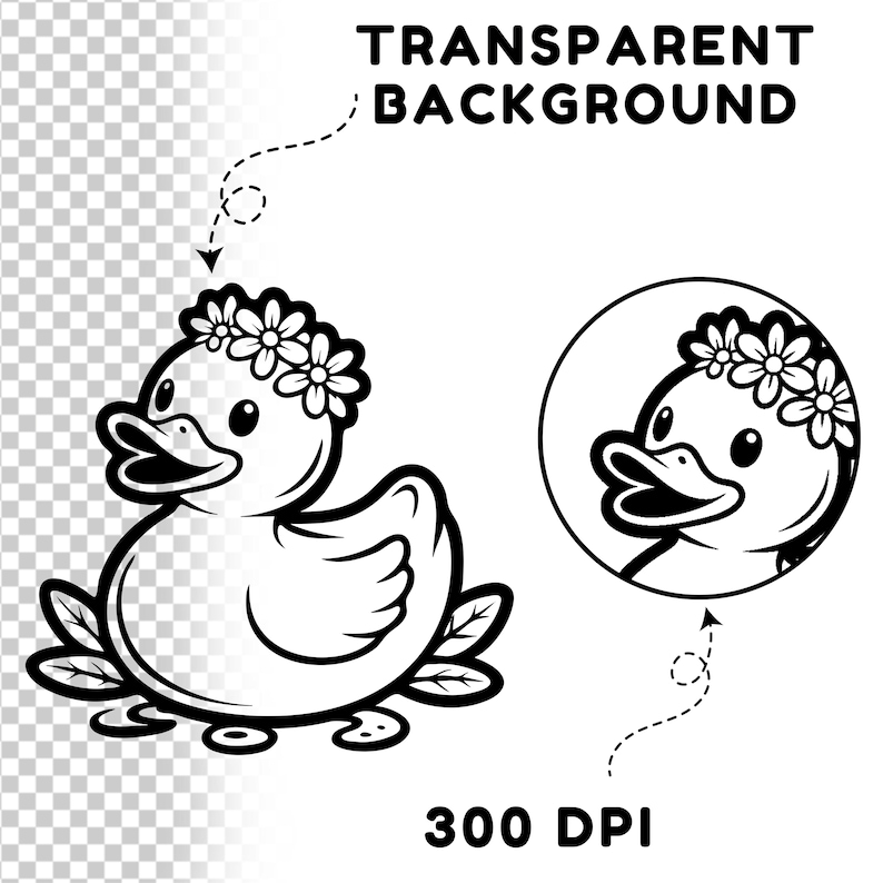 May include: Black and white illustration of a duck wearing a flower crown. The duck is surrounded by leaves and has a detailed beak and eyes. The image includes the text "TRANSPARENT BACKGROUND" and "300 DPI".