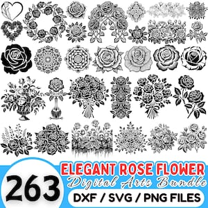 Elegant Rose Flower Digital Arts Bundle: Floral SVG PNG DXF | Cricut Cutting Files