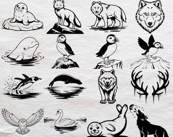 Op de afbeelding: Een verzameling zwart-witillustraties met 242 arctische wilde dieren, waaronder zeehonden, wolven, papegaaiduikers, een beloegawalvis, een pinguïn, een uil, een zwaan en geweien. De tekst 242 ARCTIC WILD ANIMALS en SVG & PNG FILES COMMERCIAL USE is zichtbaar.