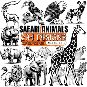 Safari Animals Laser Engraving SVG Bundle | African Wildlife Silhouette Files for Glowforge, xTool | Lion, Elephant, Giraffe Cut Designs
