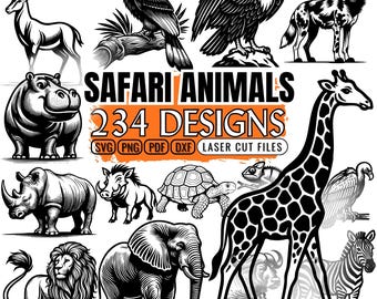 Paquete de archivos SVG de animales de safari / Siluetas de fauna africana para Glowforge y xTool / León, descarga instantánea