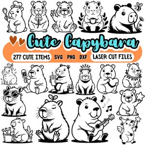 Puede incluir: Una colección de ilustraciones en blanco y negro de capibaras en varias poses. Algunos capibaras sostienen objetos como una cuchara, una flor, un signo de paz, una taza de café, helado y una estrella. El texto "Cute Capybara" se muestra encima del texto "277 CUTE ITEMS SVG PNG DXF LASER CUT FILES."