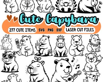 Lot de 277 mignons fichiers de machine de découpe Capybara découpés au Laser, silhouette de graphiques vectoriels, Animal d'Amérique du Sud SVG PNG DXF usage commercial