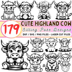 179 Cute Highland Cow Sitting Pose Designs Laser cut files Bundle, vector graphics silhouette, Cute Highland Cow PNG, Scottish Cow SVG DXF