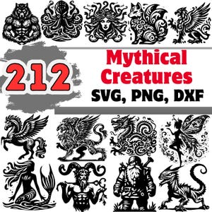 May include: A collection of 212 black and white SVG, PNG, and DXF files featuring mythical creatures. The images include a wolf, octopus, mermaid, dragon, griffin, fairy, and more.
