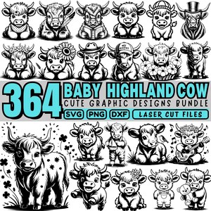 364 Cute Baby Highland Cow Cutting Machine files, Laser cut Bundle, vector graphics silhouette, Cow PNG, Scottish Cow SVG DXF Commercial Use