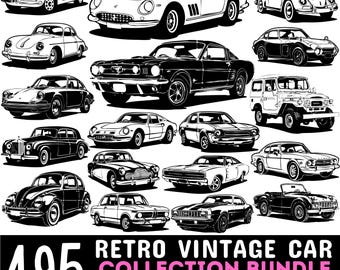 May include: A collection of black and white line art illustrations featuring various classic automobiles. The graphic includes the text 495 RETRO VINTAGE CAR COLLECTION BUNDLE SVG PNG DXF COMMERCIAL USE, showcasing diverse car models in a grid layout.