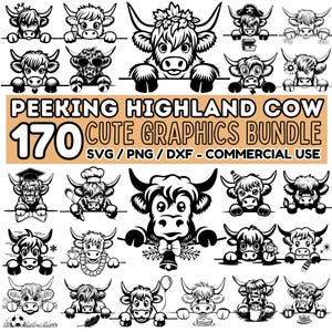 170 Peeking Highland Cow Cute Graphics Cricut Bundle | vector graphics silhouette | Baby Animal PNG | Scottish Cow SVG DXF Commercial Use