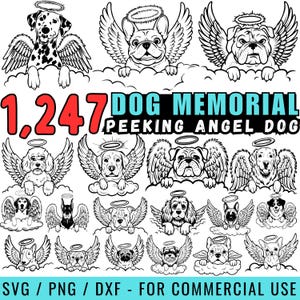 Könnte beinhalten: Ein Set mit 1.247 Schwarzweiß-Digitalillustrationen von Hunden mit Engelsflügeln. Die Hunde schauen aus Wolken hervor. Der Text "DOG MEMORIAL" und "PEEKING ANGEL DOG" befindet sich oben im Bild. Der Text "SVG/PNG/DXF - FOR COMMERCIAL USE" befindet sich unten im Bild.