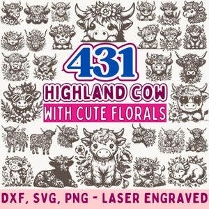 Highland Cow SVG Bundle: Floral Laser Engraved Vector Graphics | Cutting Machine Files