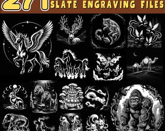 May include: A collection of 271 black and white digital illustrations of enchanted animals, ideal for slate engraving. The images include a unicorn with wings, a deer, a cat, a butterfly, a camel, a rabbit, a lion, a turtle, a squirrel, an octopus, a fox, and a gorilla.