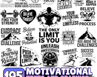 Motivational Quote SVG Bundle 195 Designs – Gym Shirt SVG, Hustle Mindset Quotes, Fitness & Success Cricut Files Png Dxf