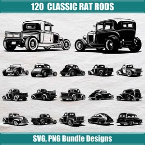 Pode incluir: Uma coleção digital de 120 ilustrações de veículos rat rod clássicos em preto e branco. A imagem exibe vários designs de caminhões e carros antigos, incluindo picapes e cupês, com o texto 120 CLASSIC RAT RODS e SVG, PNG BUNDLE DESIGNS.