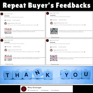 May include: Image showcasing customer feedback with the text "Repeat Buyer's Feedbacks." The image includes customer reviews with star ratings and comments. The word "THANK YOU" is spelled out with lettered blocks. The seller's name and location are also displayed.