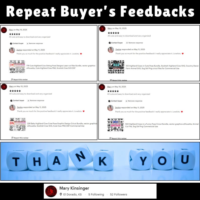 May include: Image showcasing customer feedback with the text "Repeat Buyer's Feedbacks." The image includes customer reviews with star ratings and comments. The word "THANK YOU" is spelled out with lettered blocks. The seller's name and location are also displayed.