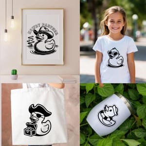 May include: A collection of items featuring a cartoon duck design. Includes a framed print with the text "HOWDY PARTNER", a white t-shirt, a tote bag, and a white tumbler. The duck is depicted in various outfits, including a cowboy hat and sunglasses.