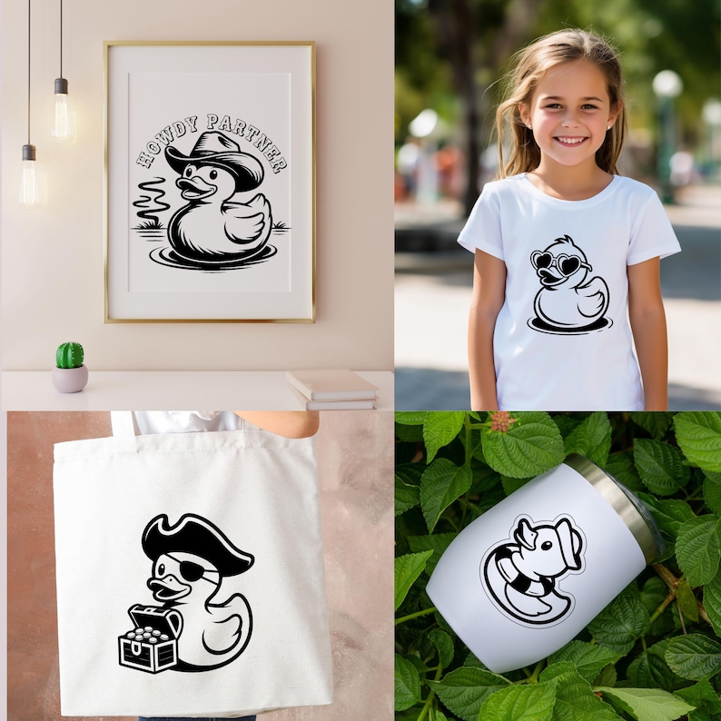 May include: A collection of items featuring a cartoon duck design. Includes a framed print with the text "HOWDY PARTNER", a white t-shirt, a tote bag, and a white tumbler. The duck is depicted in various outfits, including a cowboy hat and sunglasses.