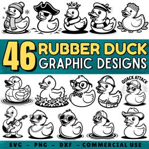 Ensemble de 46 designs graphiques Rubber Duck Cricut | graphiques vectoriels silhouette | Canard en caoutchouc PNG | Canard mignon SVG DXF à usage commercial