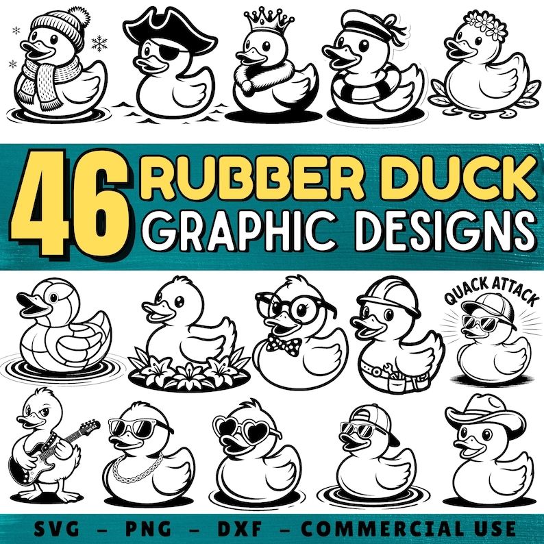 May include: A collection of 46 rubber duck graphic designs in black and white. The ducks are depicted in various styles, including those wearing hats, glasses, and accessories. The image includes the text "RUBBER DUCK GRAPHIC DESIGNS".