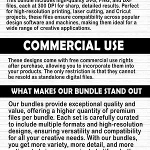 May include: Text graphic with the title "Quality and formats" and information about SVG, PNG, and DXF files. The text also mentions commercial use rights and the benefits of the bundle, including high-resolution designs for various creative projects.