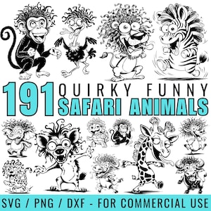191 schrullig lustig Safari Tiere Cricut Bündel | Vektorgrafik Silhouette | Schrulliges Tier PNG | Niedliches lustiges Tier SVG DXF Kommerzielle Nutzung