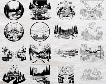 Op de afbeelding: Een collectie van 243 zwart-wit winterdorp-scène ontwerpen in SVG- en PNG-formaten. De afbeeldingen bevatten diverse illustraties van besneeuwde landschappen, hutten, bruggen, bossen en berglandschappen met de tekst 243 WINTER VILLAGE SCENE.