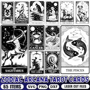 Könnte beinhalten: Schwarz-Weiß-Zodiac Arcana Tarotkarten mit Illustrationen von Sternzeichen wie Zwillinge, Steinbock und Schütze. Das Set enthält 65 Artikel und ist in den Formaten SVG, PNG und DXX verfügbar.