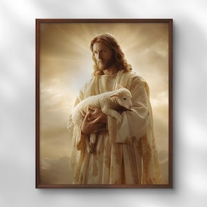 Jesus Christ Good Shepherd Print, Jesus Carries The Lamb, Leave the 99, Christian Wall Art, Bible Poster, Light Modern Painting,